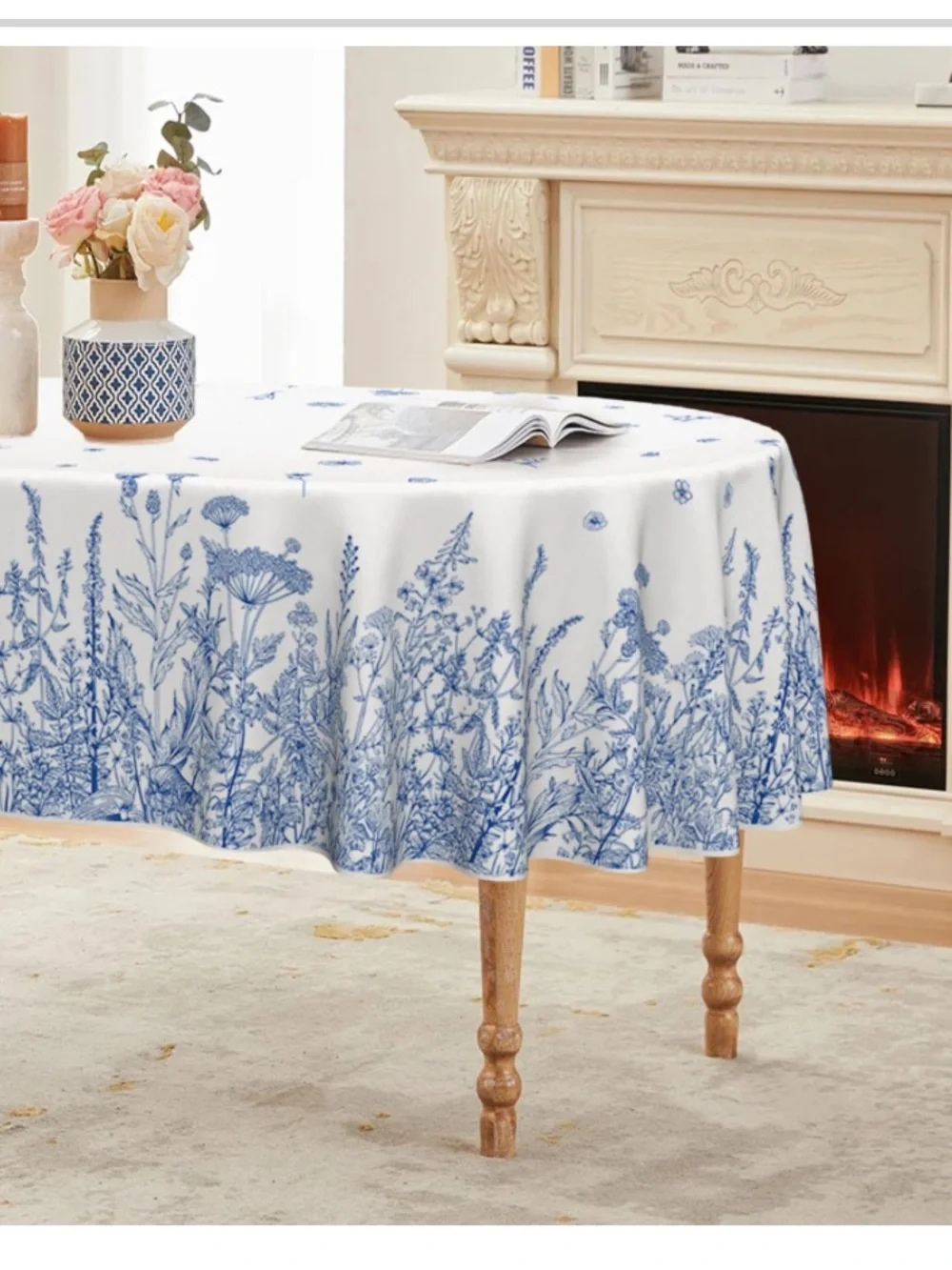 Wildflower Tablecloth 100% Spun Polyester Oval 60x84” BLUE